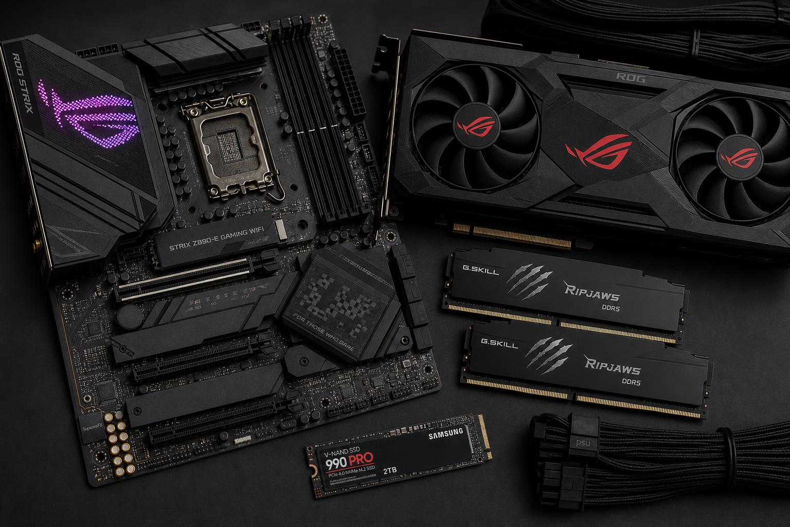 Processors, graphics cards, memory, SSD storage and cooling components used in custom PC builds