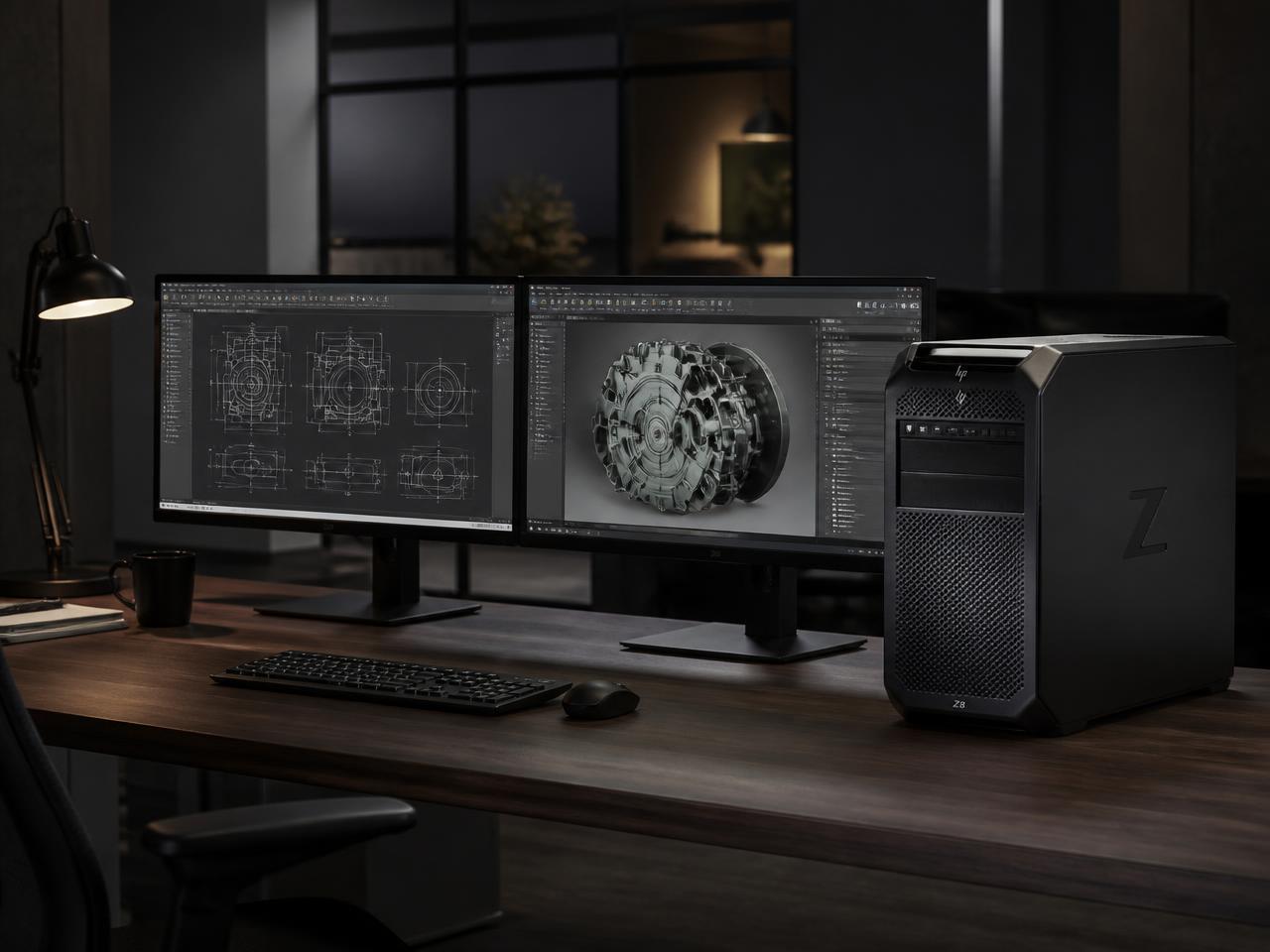 Professional workstation with dual monitors running CAD and 3D rendering software